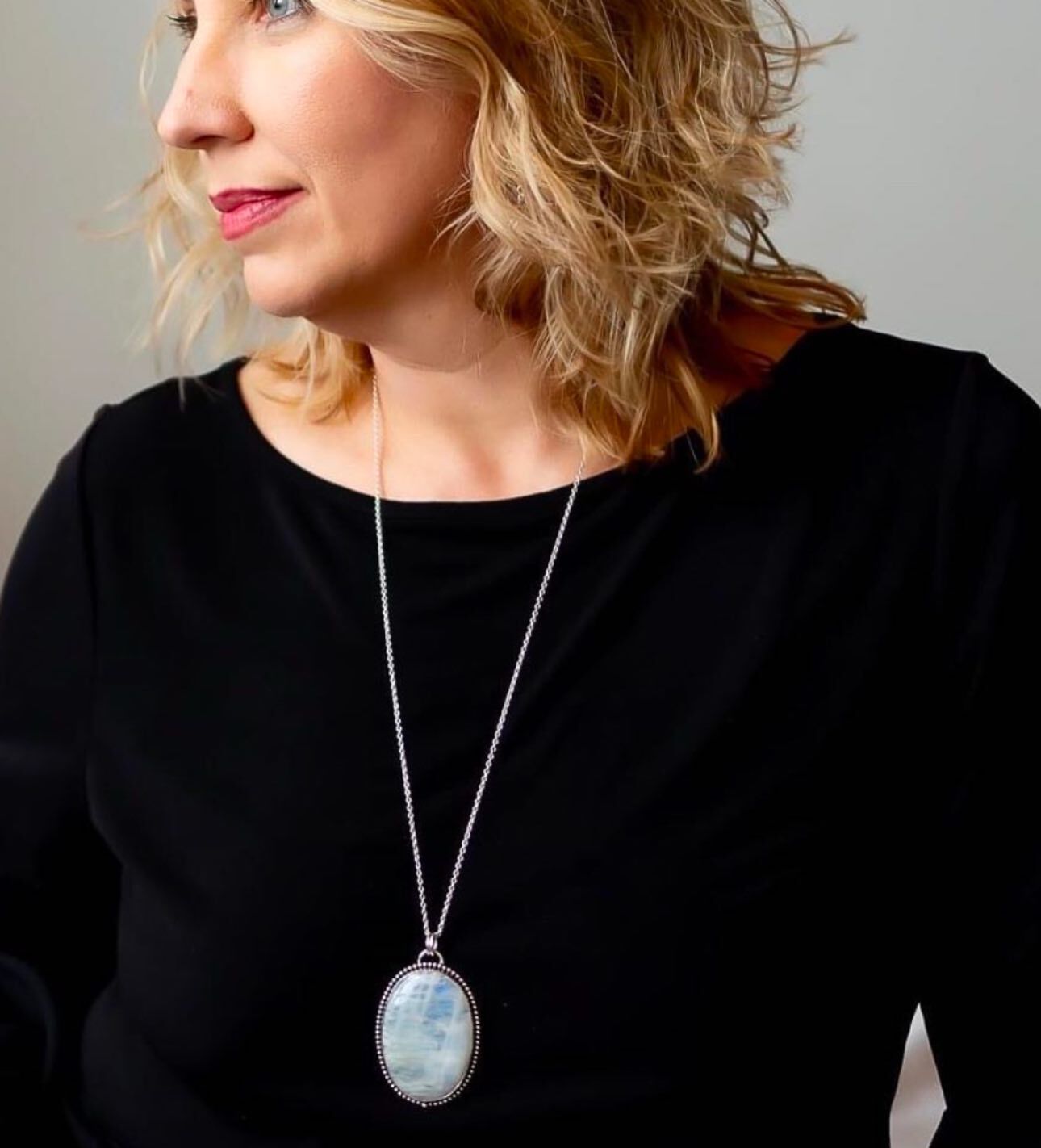 sterling silver large moonstone statement necklace Customer wearing moonstone necklace designed by earth karma