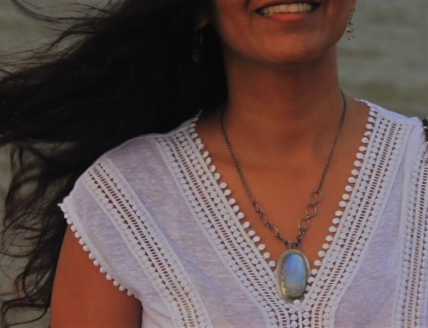 Sterling silver moonstone necklace on chain 925 Luminous Moonstone Necklace worn by female customer