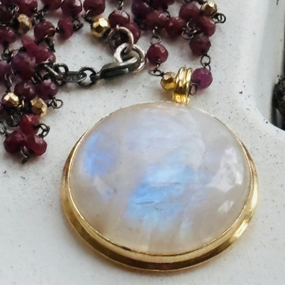 large round moon phase moonstone necklace  Gold round moonstone necklace with garnet chain by earth karma